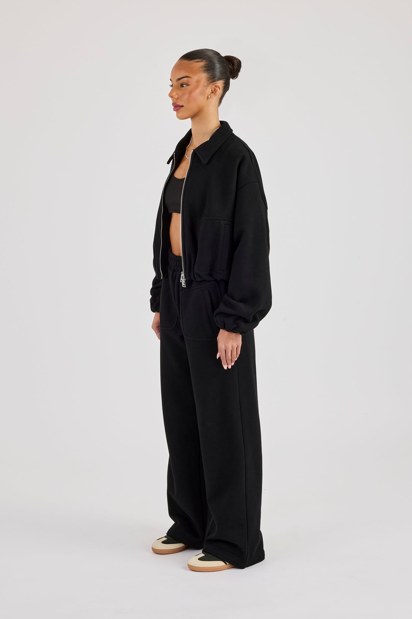 Heavyweight Jersey Collared Bomber Jacket & Wide Leg Jogger - Black